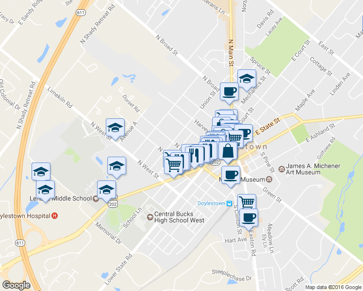 map of restaurants, bars, coffee shops, grocery stores, and more near 85 Decatur Street in Doylestown
