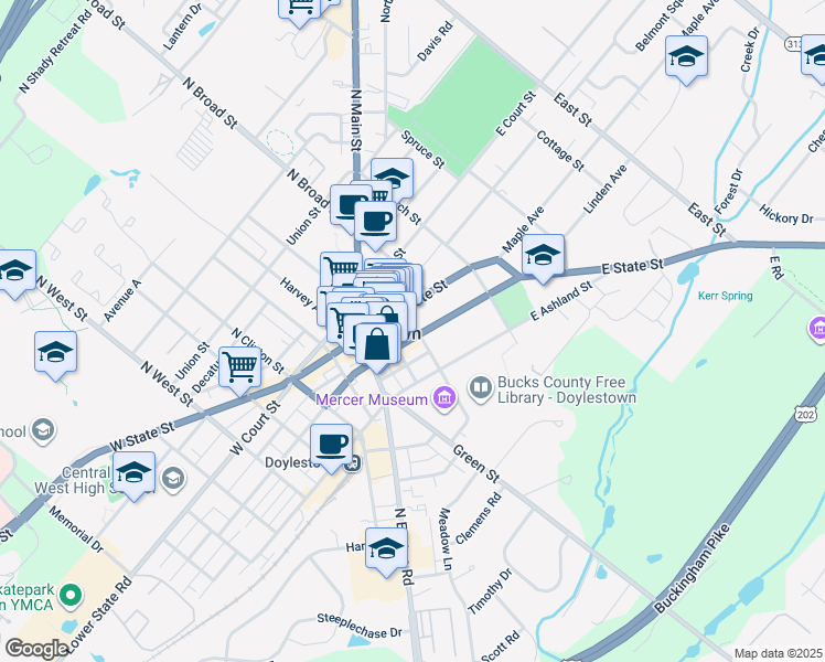 map of restaurants, bars, coffee shops, grocery stores, and more near 30 East Oakland Avenue in Doylestown