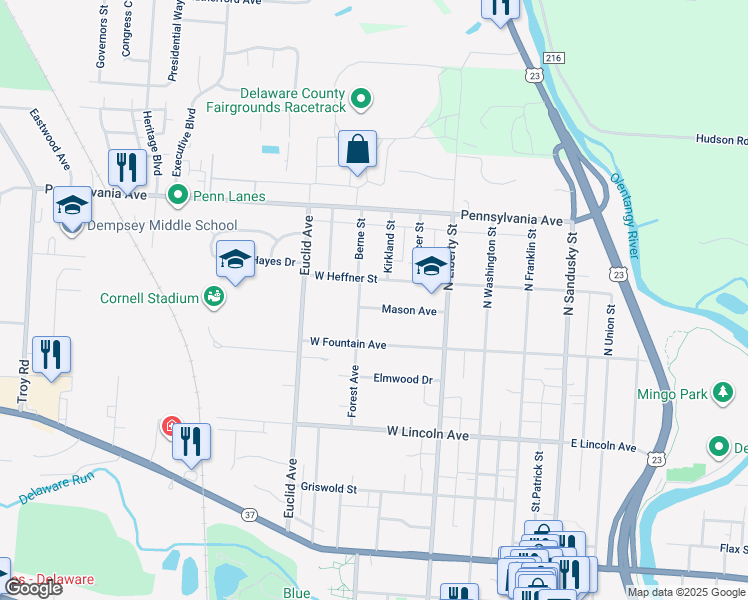 map of restaurants, bars, coffee shops, grocery stores, and more near 67 Mason Avenue in Delaware
