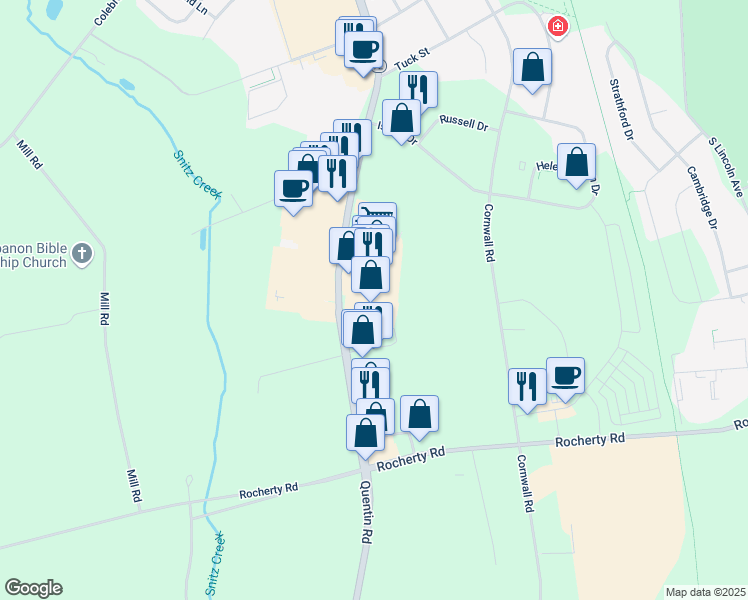 map of restaurants, bars, coffee shops, grocery stores, and more near 1820 Quentin Road in Lebanon
