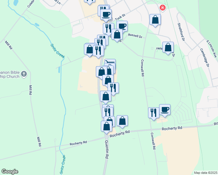 map of restaurants, bars, coffee shops, grocery stores, and more near 1820 Quentin Road in Lebanon