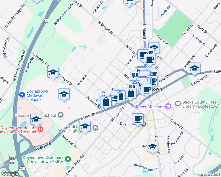 map of restaurants, bars, coffee shops, grocery stores, and more near 120 North Clinton Street in Doylestown