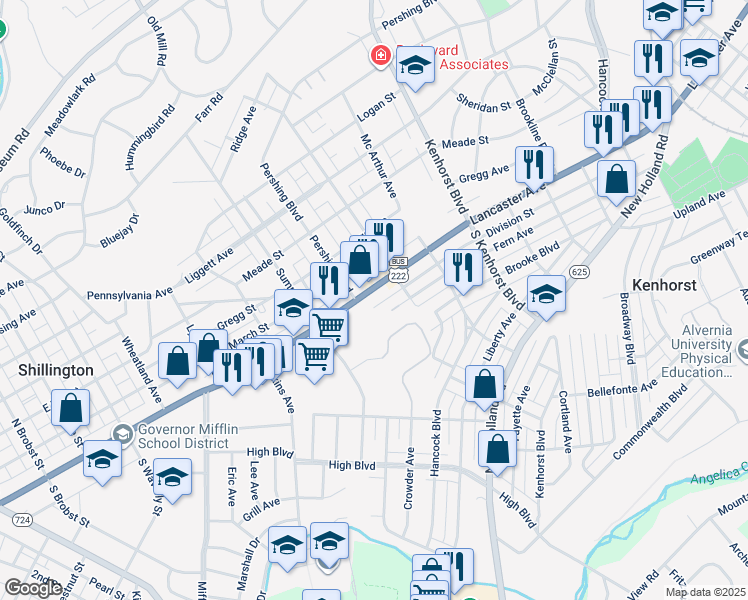 map of restaurants, bars, coffee shops, grocery stores, and more near 1534 Lancaster Avenue in Reading