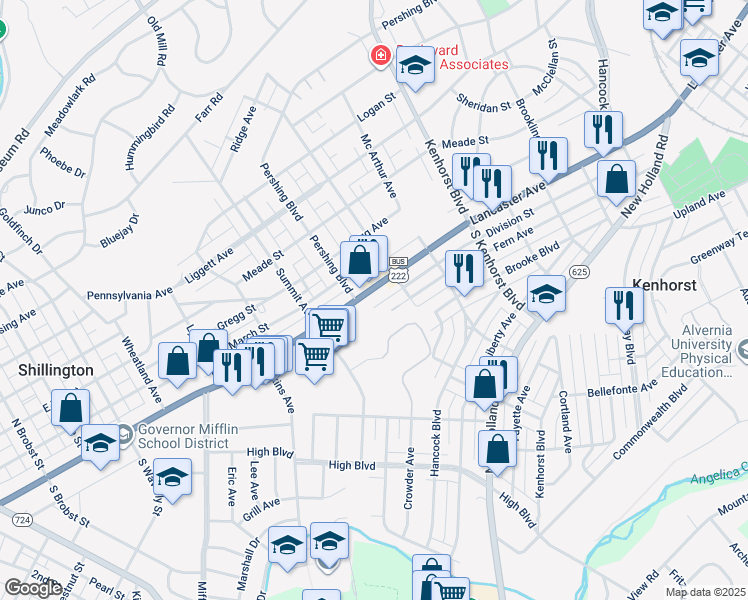 map of restaurants, bars, coffee shops, grocery stores, and more near 1534 Lancaster Avenue in Reading