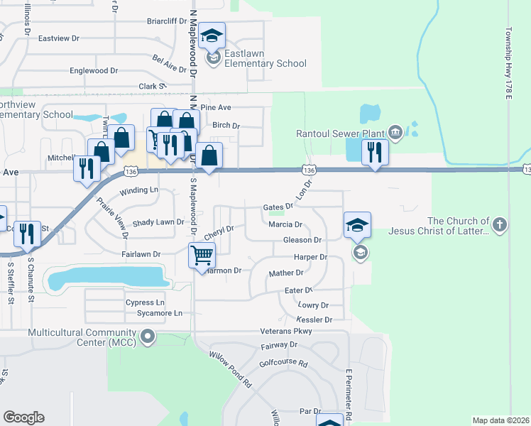 map of restaurants, bars, coffee shops, grocery stores, and more near 1512 Marcia Drive in Rantoul