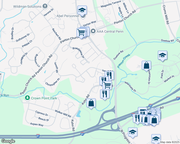 map of restaurants, bars, coffee shops, grocery stores, and more near 2412 Chadwick Court in Harrisburg
