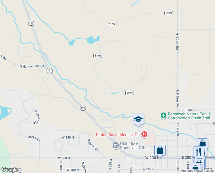 map of restaurants, bars, coffee shops, grocery stores, and more near 529 East 500 North in Roosevelt
