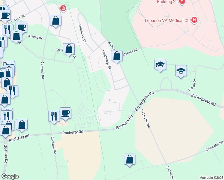 map of restaurants, bars, coffee shops, grocery stores, and more near 46 Monticello Drive in Lebanon