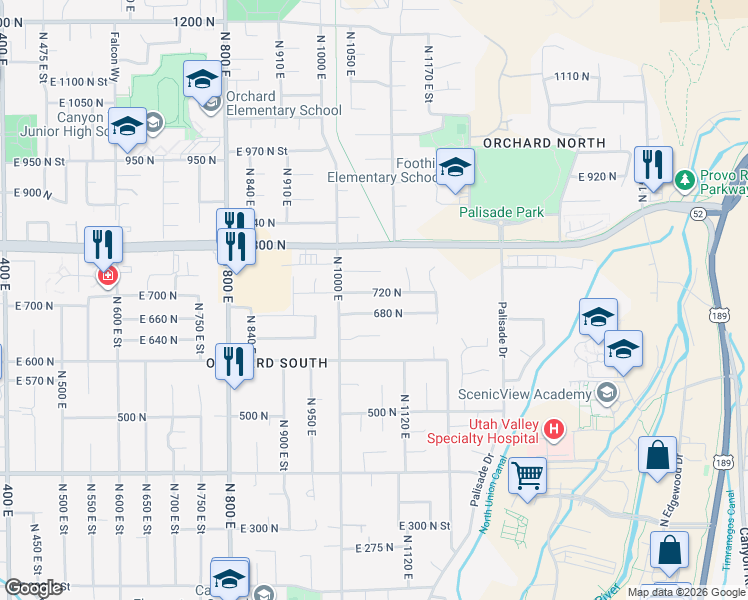 map of restaurants, bars, coffee shops, grocery stores, and more near 1062 680 North in Orem