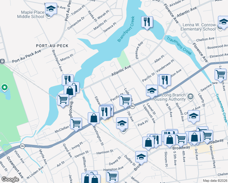 map of restaurants, bars, coffee shops, grocery stores, and more near 201 Coleman Avenue in Long Branch