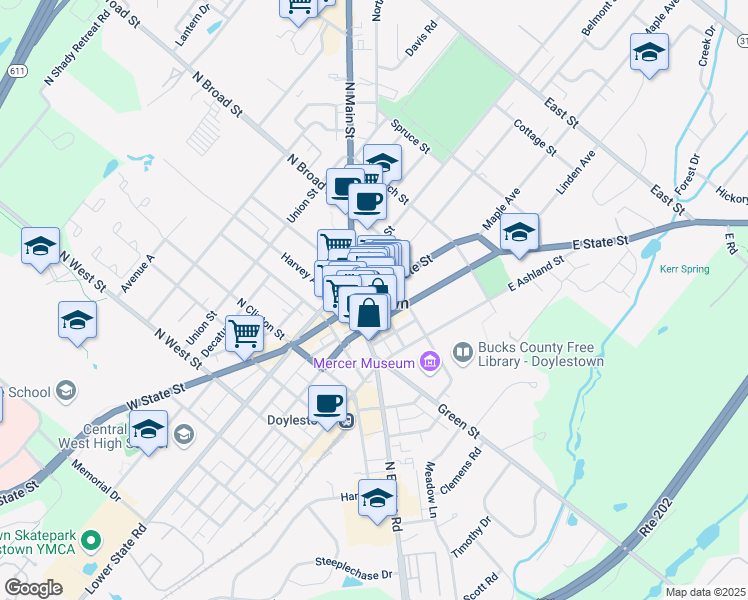 map of restaurants, bars, coffee shops, grocery stores, and more near 30 East Oakland Avenue in Doylestown