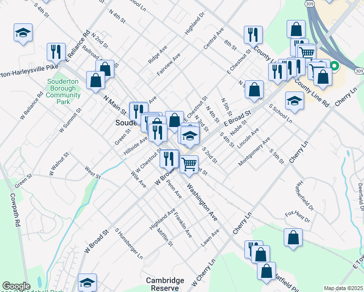 map of restaurants, bars, coffee shops, grocery stores, and more near 9 North Main Street in Souderton