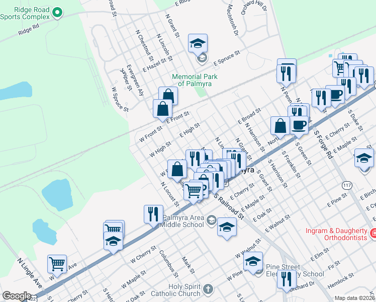 map of restaurants, bars, coffee shops, grocery stores, and more near 152 North Railroad Street in Palmyra