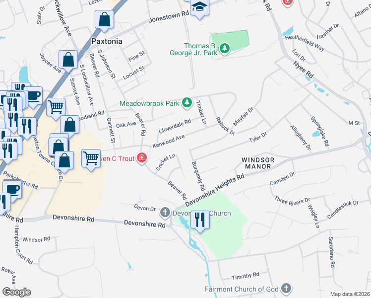 map of restaurants, bars, coffee shops, grocery stores, and more near 5718 Crickett Lane in Harrisburg