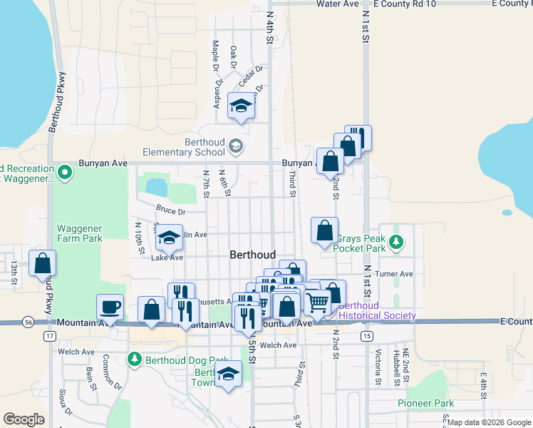 map of restaurants, bars, coffee shops, grocery stores, and more near 906 5th Street in Berthoud