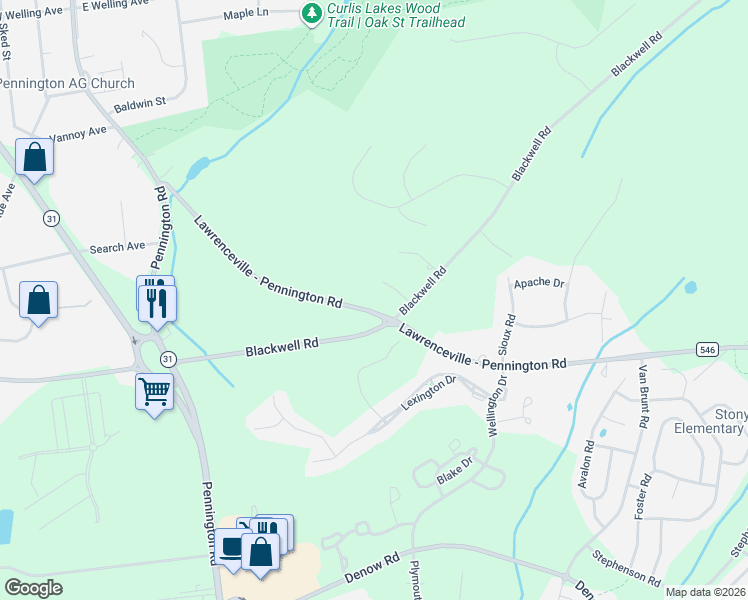 map of restaurants, bars, coffee shops, grocery stores, and more near 50 Pennington Lawrenceville Road in Pennington