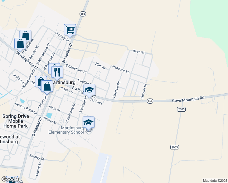 map of restaurants, bars, coffee shops, grocery stores, and more near 3102 Cove Mountain Road in Martinsburg