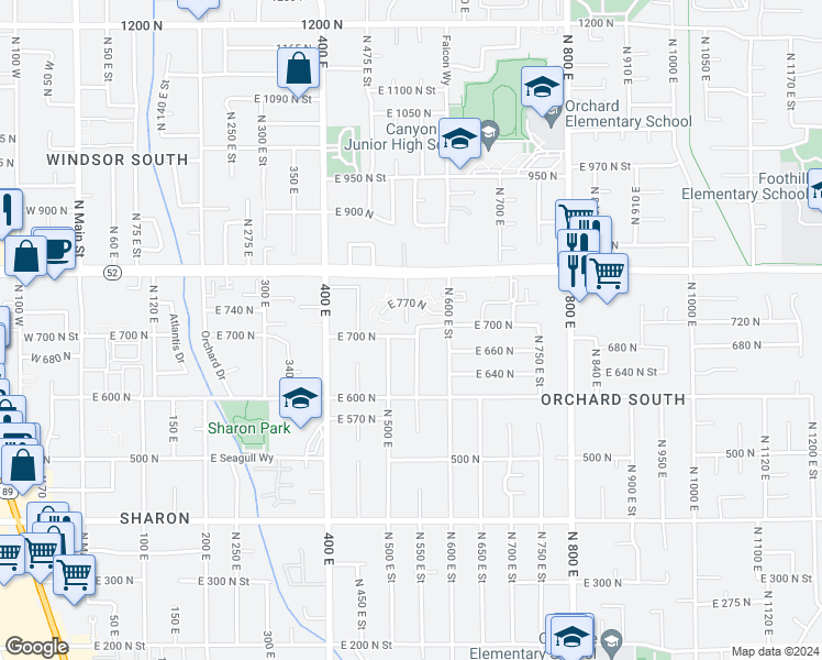 map of restaurants, bars, coffee shops, grocery stores, and more near 537 700 North in Orem