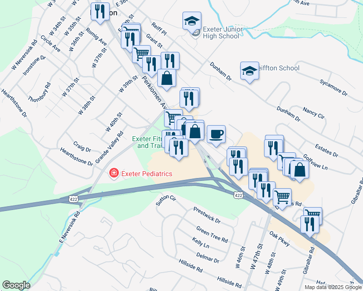 map of restaurants, bars, coffee shops, grocery stores, and more near 4270 Perkiomen Avenue in Reading