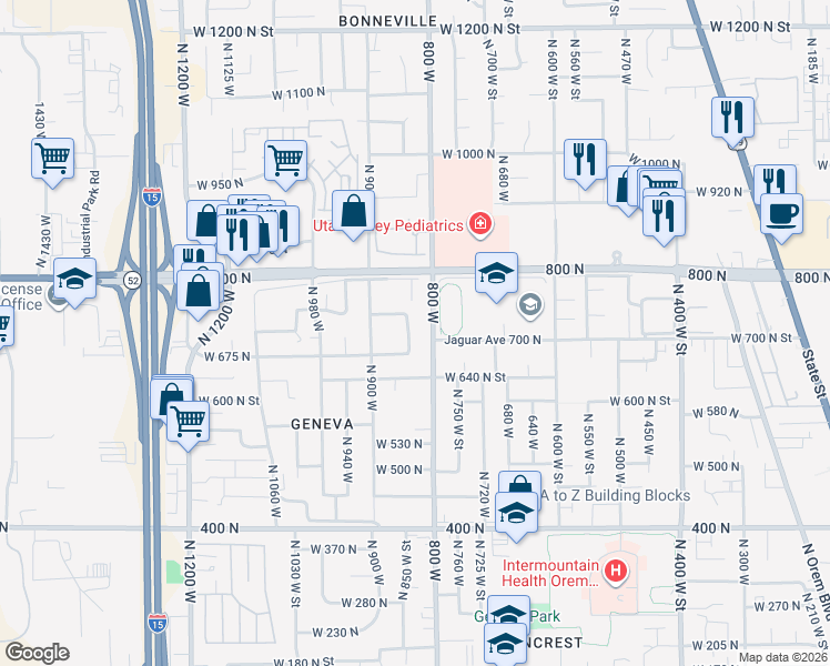 map of restaurants, bars, coffee shops, grocery stores, and more near 831 West 675 North in Orem