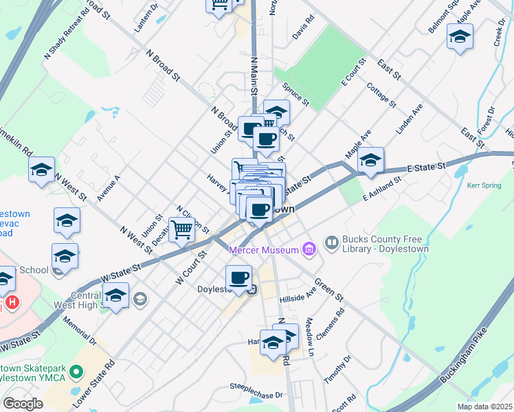 map of restaurants, bars, coffee shops, grocery stores, and more near in Doylestown