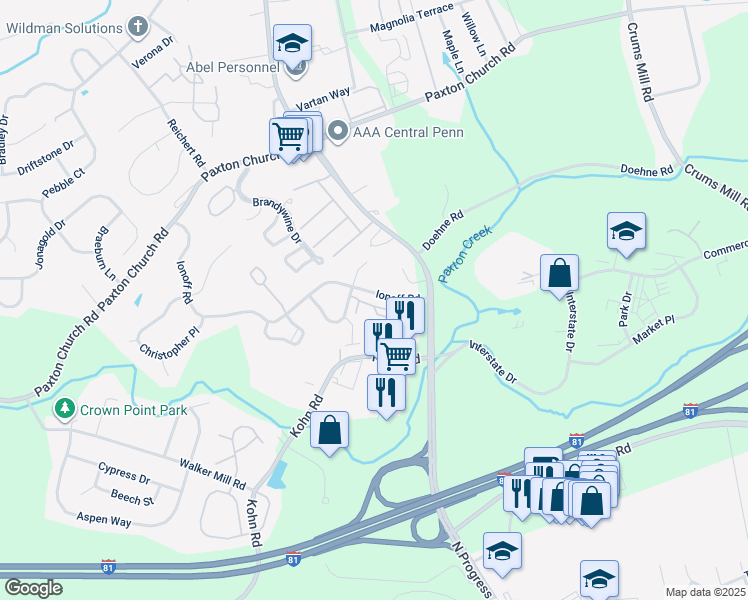 map of restaurants, bars, coffee shops, grocery stores, and more near 2217 Ionoff Road in Harrisburg