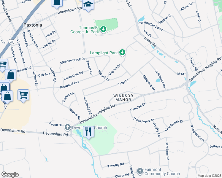 map of restaurants, bars, coffee shops, grocery stores, and more near 5929 Tyler Drive in Harrisburg