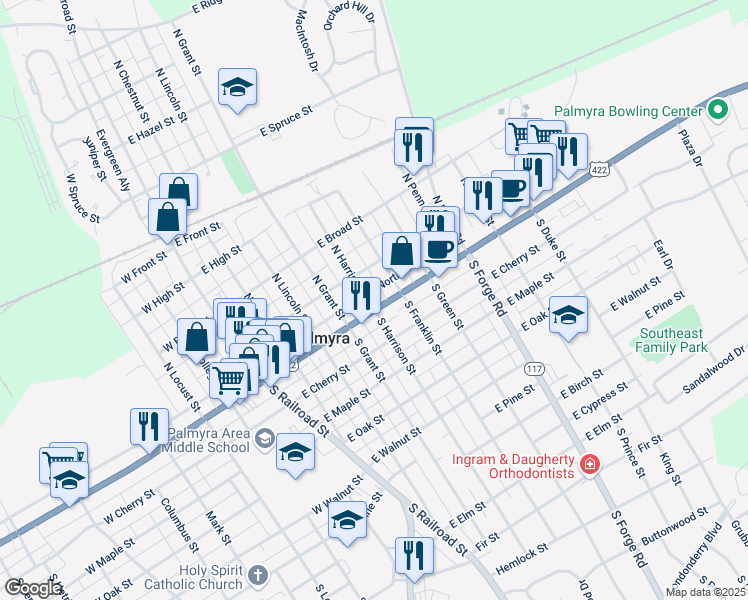 map of restaurants, bars, coffee shops, grocery stores, and more near 312 East Main Street in Palmyra