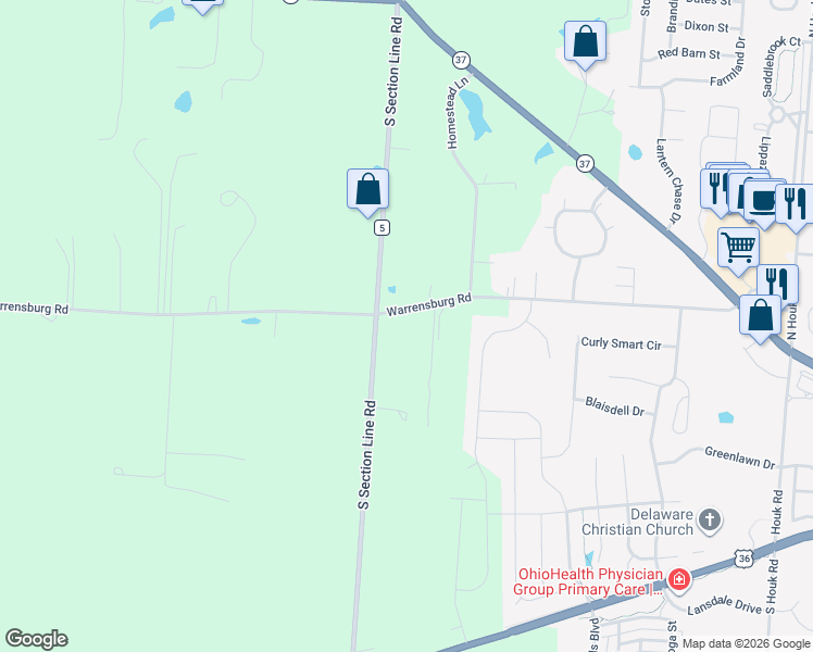 map of restaurants, bars, coffee shops, grocery stores, and more near 2887 Warrensburg Road in Delaware