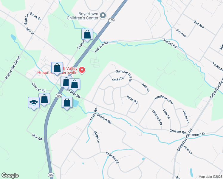 map of restaurants, bars, coffee shops, grocery stores, and more near 1170 Silcox Drive in Gilbertsville