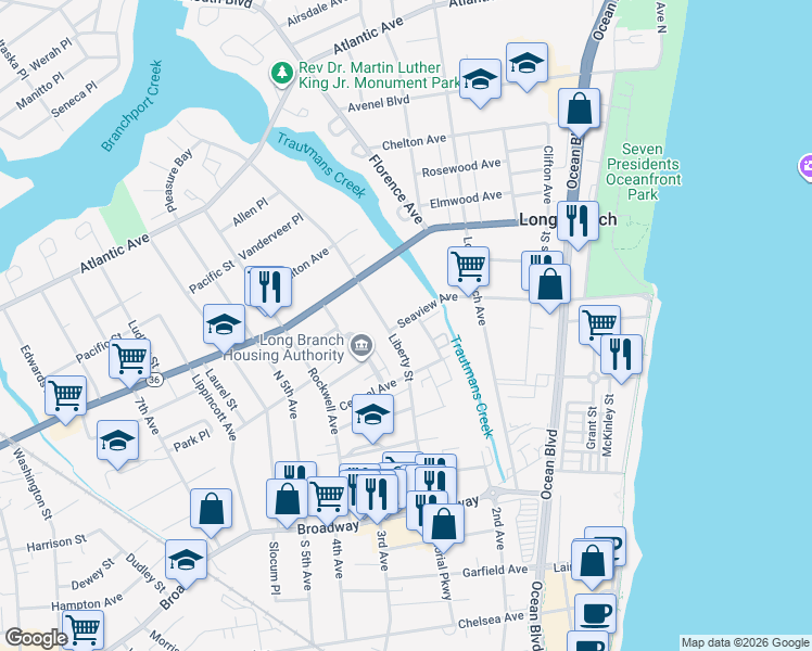 map of restaurants, bars, coffee shops, grocery stores, and more near 16 Ellis Avenue in Long Branch