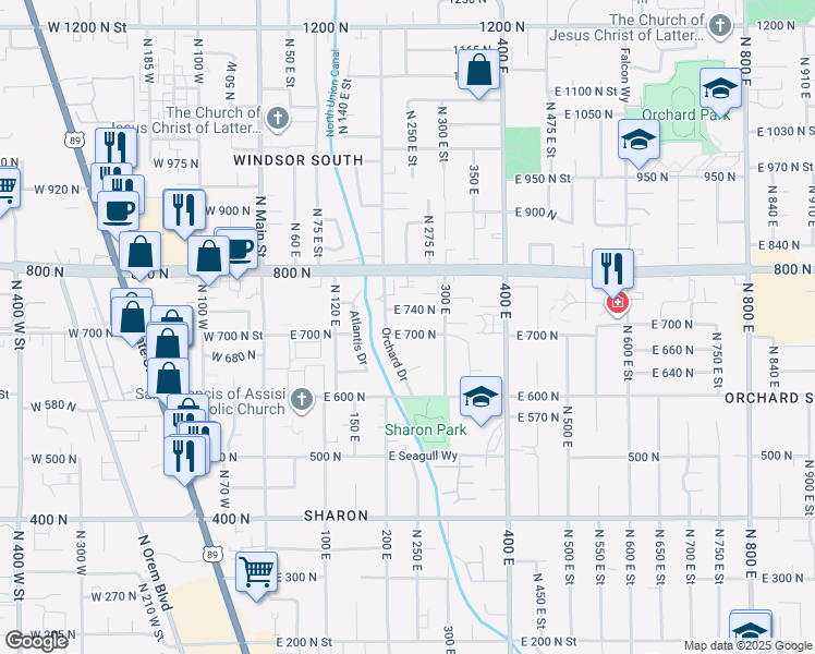 map of restaurants, bars, coffee shops, grocery stores, and more near 247 East 740 North in Orem