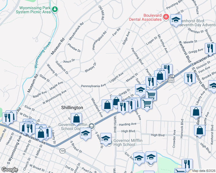 map of restaurants, bars, coffee shops, grocery stores, and more near 1823 Liggett Avenue in Reading