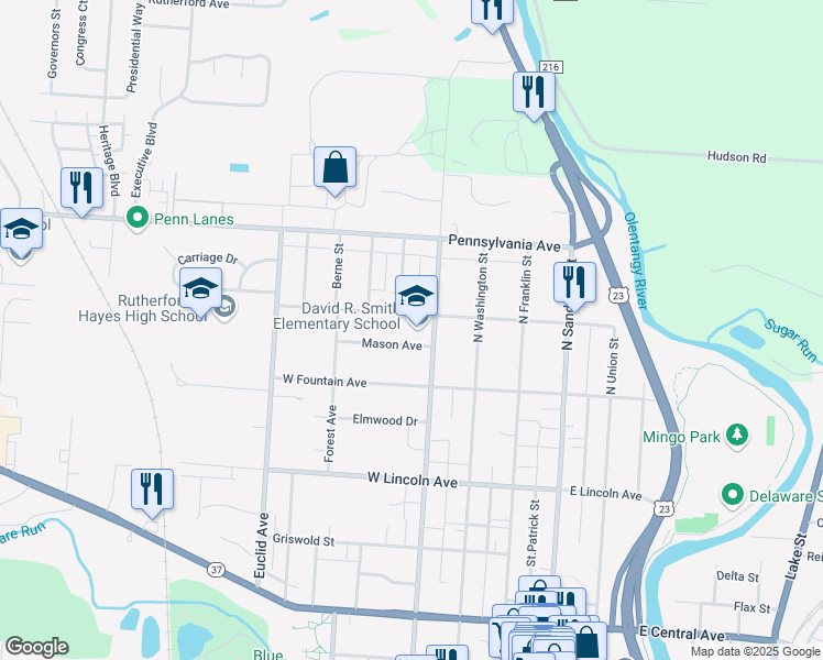 map of restaurants, bars, coffee shops, grocery stores, and more near 355 North Liberty Street in Delaware