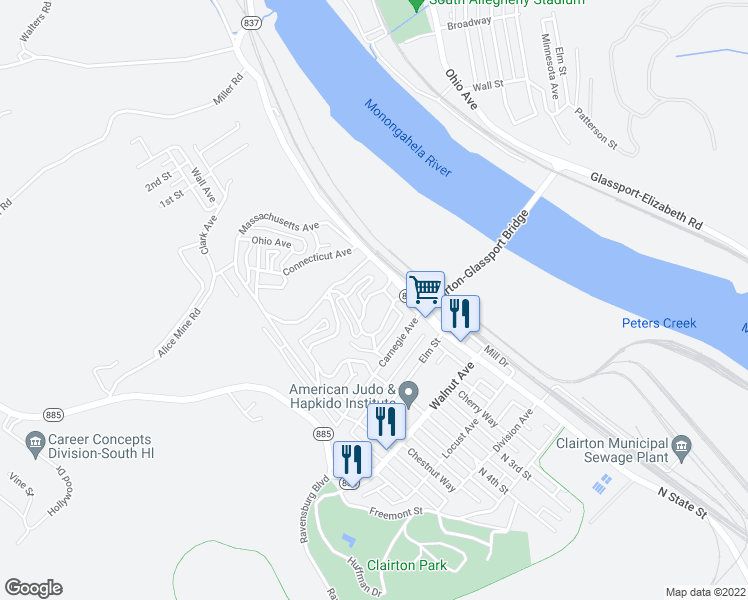 map of restaurants, bars, coffee shops, grocery stores, and more near 801 North State Street in Clairton