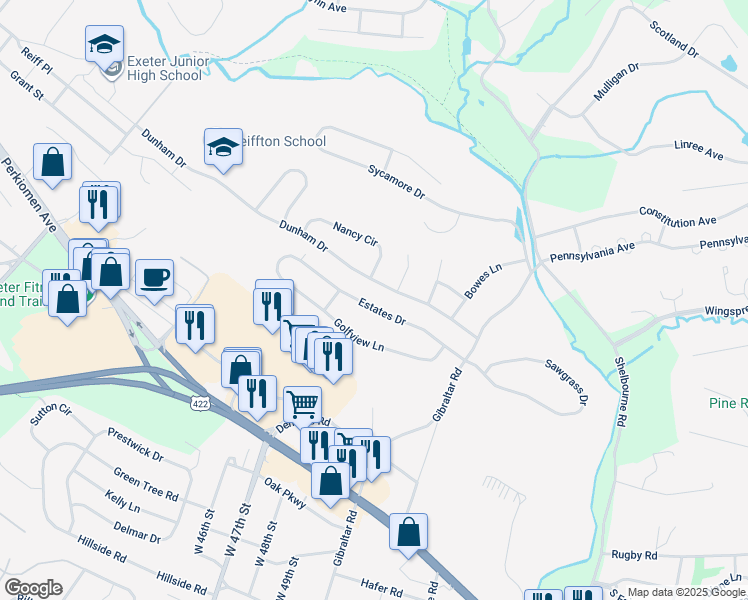 map of restaurants, bars, coffee shops, grocery stores, and more near 25 Estates Drive in Reading
