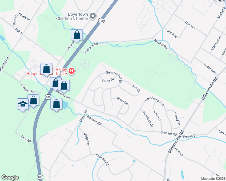 map of restaurants, bars, coffee shops, grocery stores, and more near 1150 Linda Drive in Gilbertsville