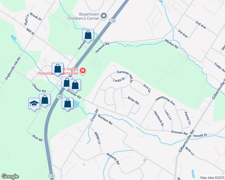 map of restaurants, bars, coffee shops, grocery stores, and more near 1170 Silcox Drive in Gilbertsville