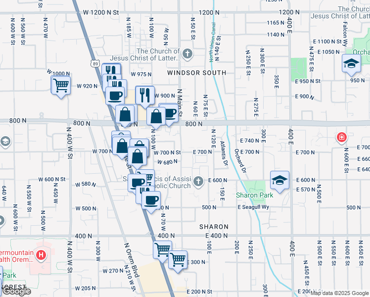 map of restaurants, bars, coffee shops, grocery stores, and more near 24 West 750 North Street in Orem