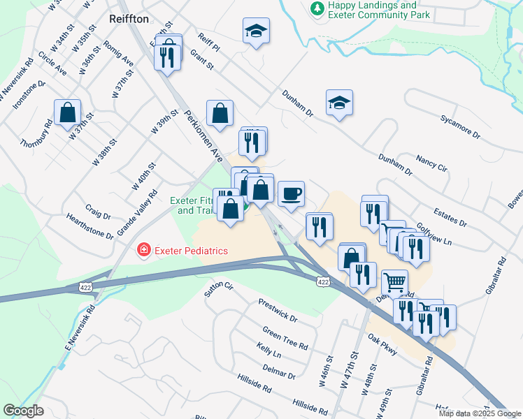 map of restaurants, bars, coffee shops, grocery stores, and more near 4270 Perkiomen Avenue in Reading