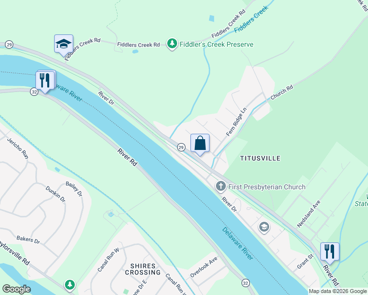 map of restaurants, bars, coffee shops, grocery stores, and more near 32 Wildwood Way in Hopewell Township