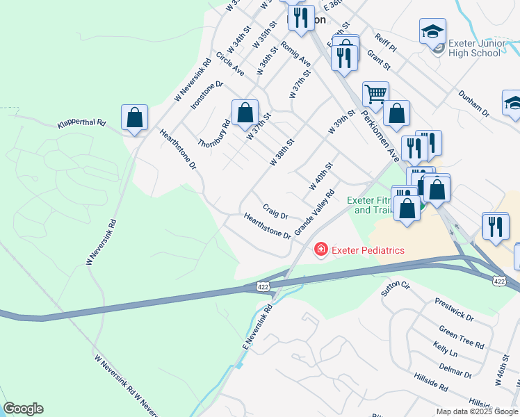 map of restaurants, bars, coffee shops, grocery stores, and more near 20 Craig Drive in Reading