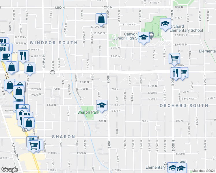 map of restaurants, bars, coffee shops, grocery stores, and more near 367 760 North in Orem
