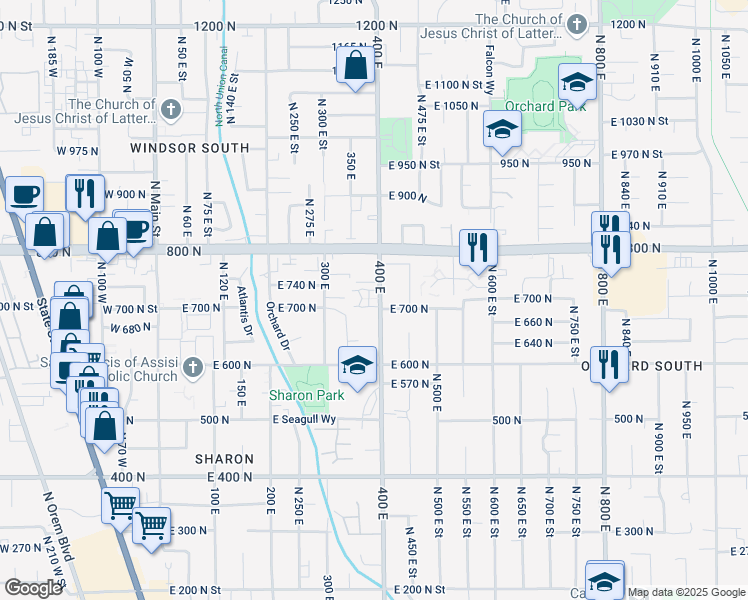 map of restaurants, bars, coffee shops, grocery stores, and more near 367 760 North in Orem