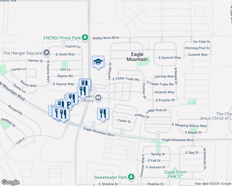 map of restaurants, bars, coffee shops, grocery stores, and more near 2 American Way in Eagle Mountain