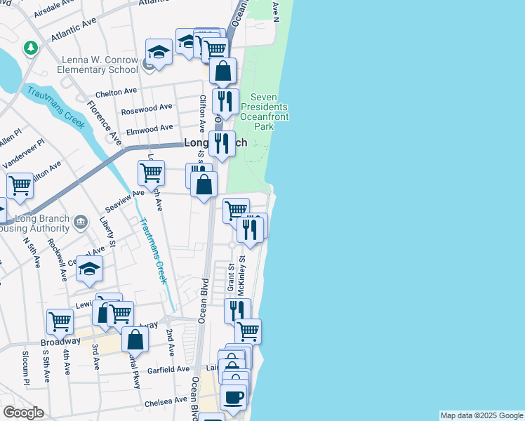 map of restaurants, bars, coffee shops, grocery stores, and more near 172 Ocean Avenue North in Long Branch