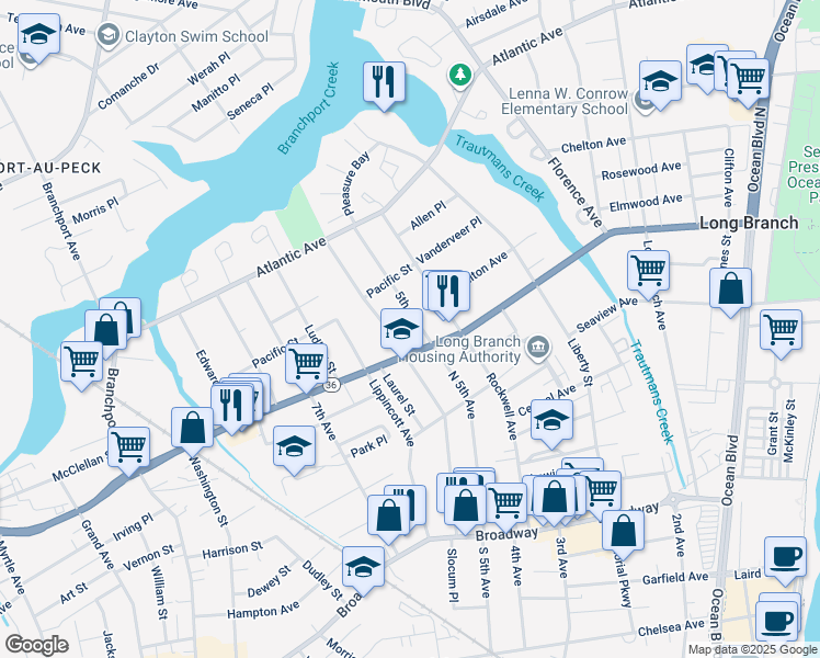 map of restaurants, bars, coffee shops, grocery stores, and more near 215 North 5th Avenue in Long Branch
