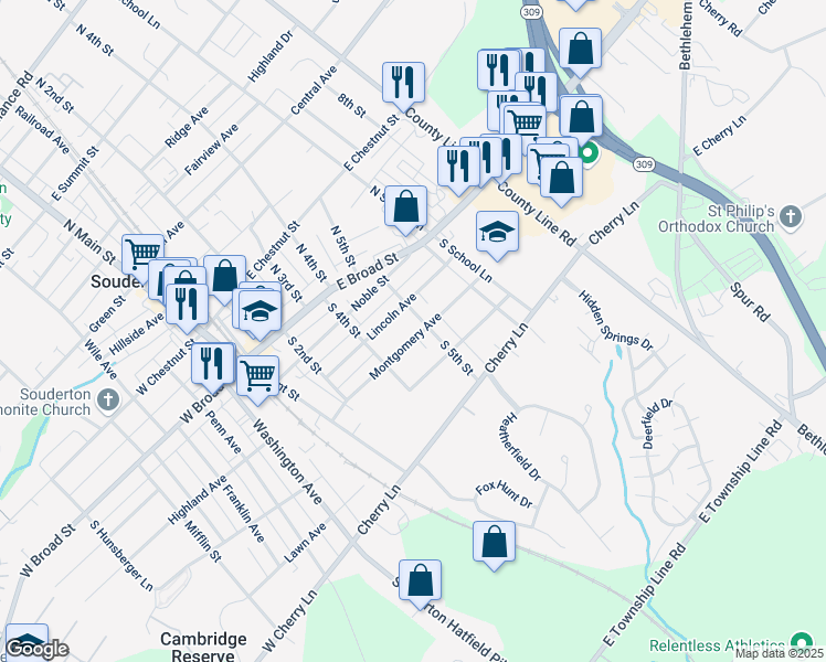 map of restaurants, bars, coffee shops, grocery stores, and more near 441 Montgomery Avenue in Souderton