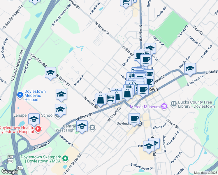 map of restaurants, bars, coffee shops, grocery stores, and more near 105 North Clinton Street in Doylestown