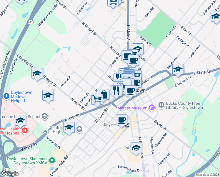 map of restaurants, bars, coffee shops, grocery stores, and more near 74 North Hamilton Street in Doylestown